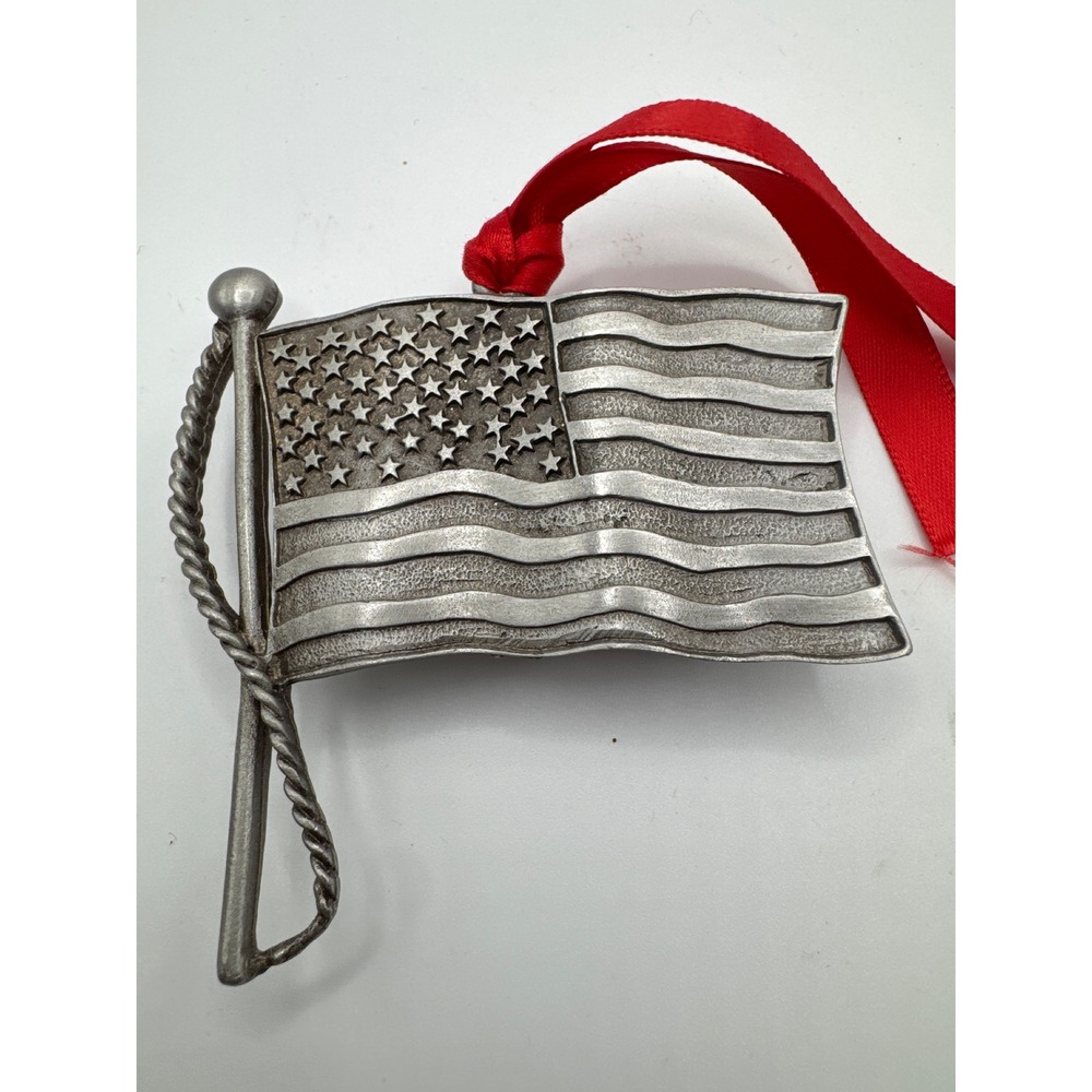 Gloria Duchin 2002 American Flag Pewter Tone Metal Christmas Ornament USA Made